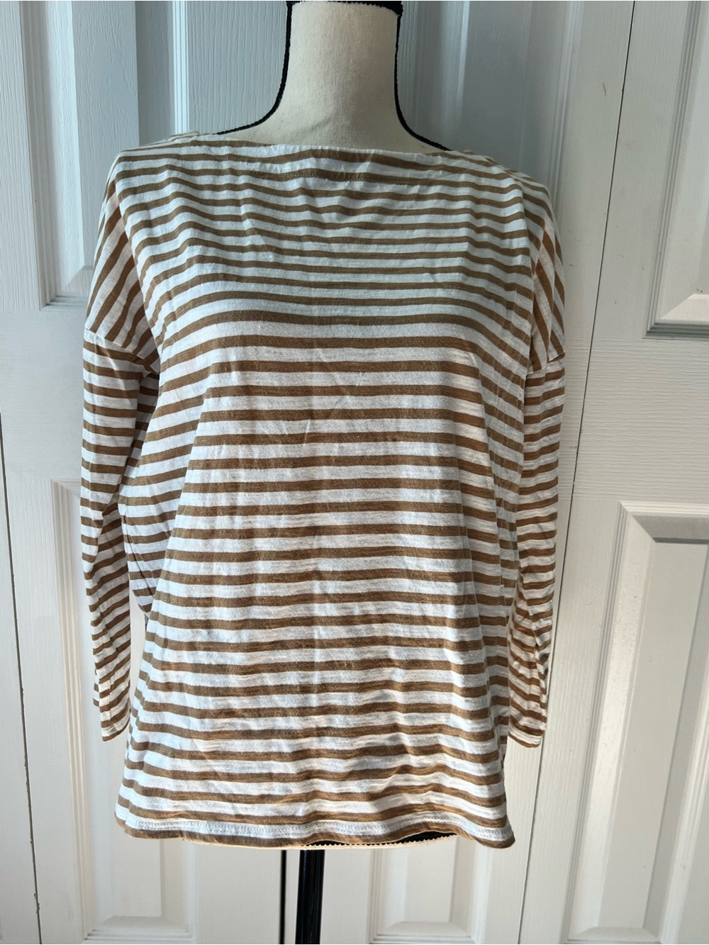J. Jill White and Tan Striped Long-Sleeve Boatneck Top Size Small